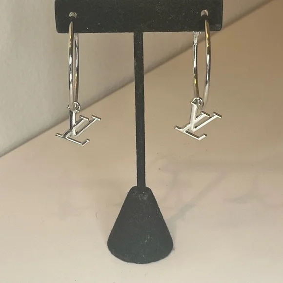 Upcycled Silver LV Louis Vuitton Stamped Charm 30mm Hoop Earrings - Picture 7 of 12
